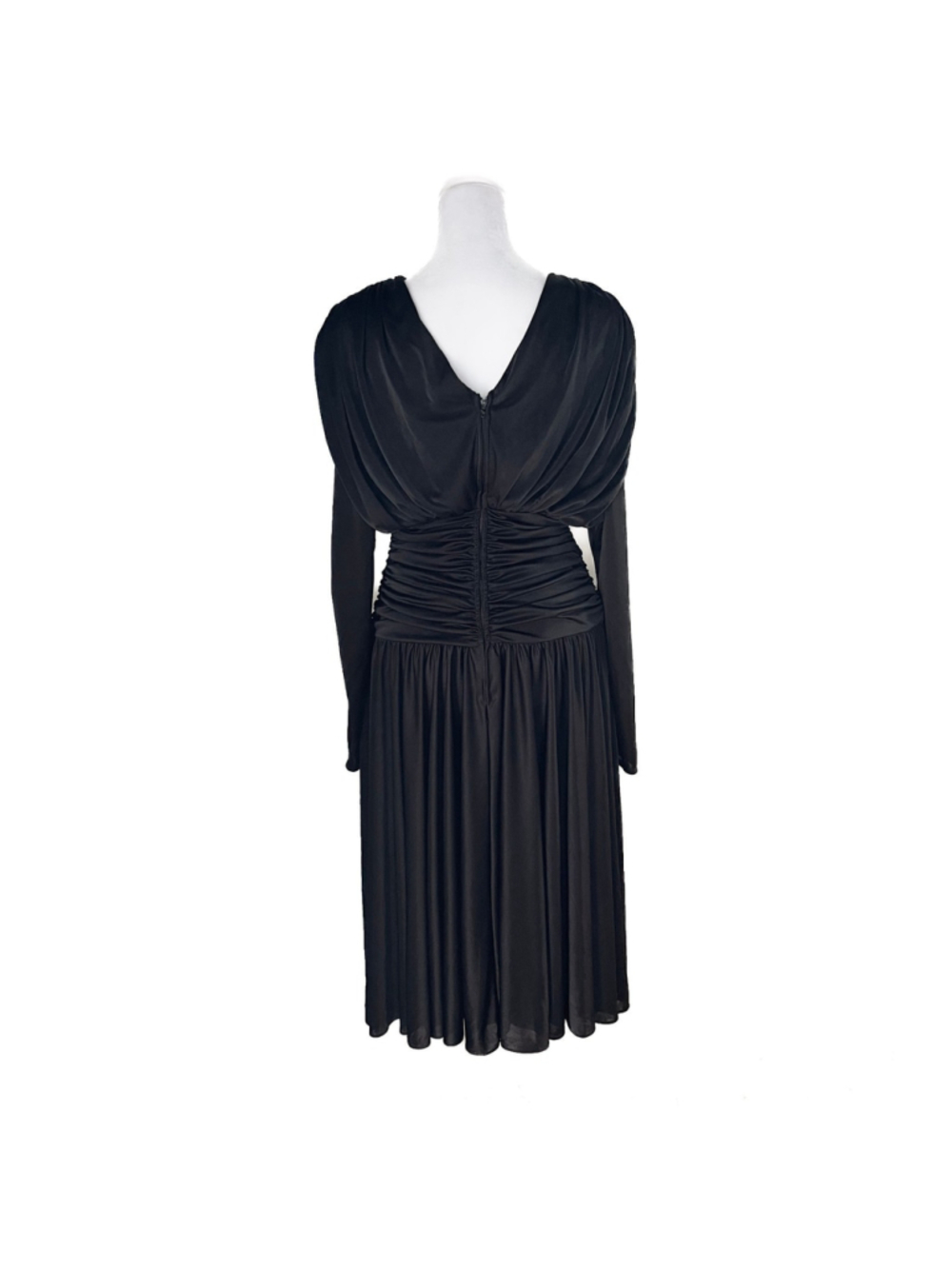 Vintage Abby Kent Black Beaded Illusion Midi Dress Ruched Gothic Glam USA M - Picture 3 of 11